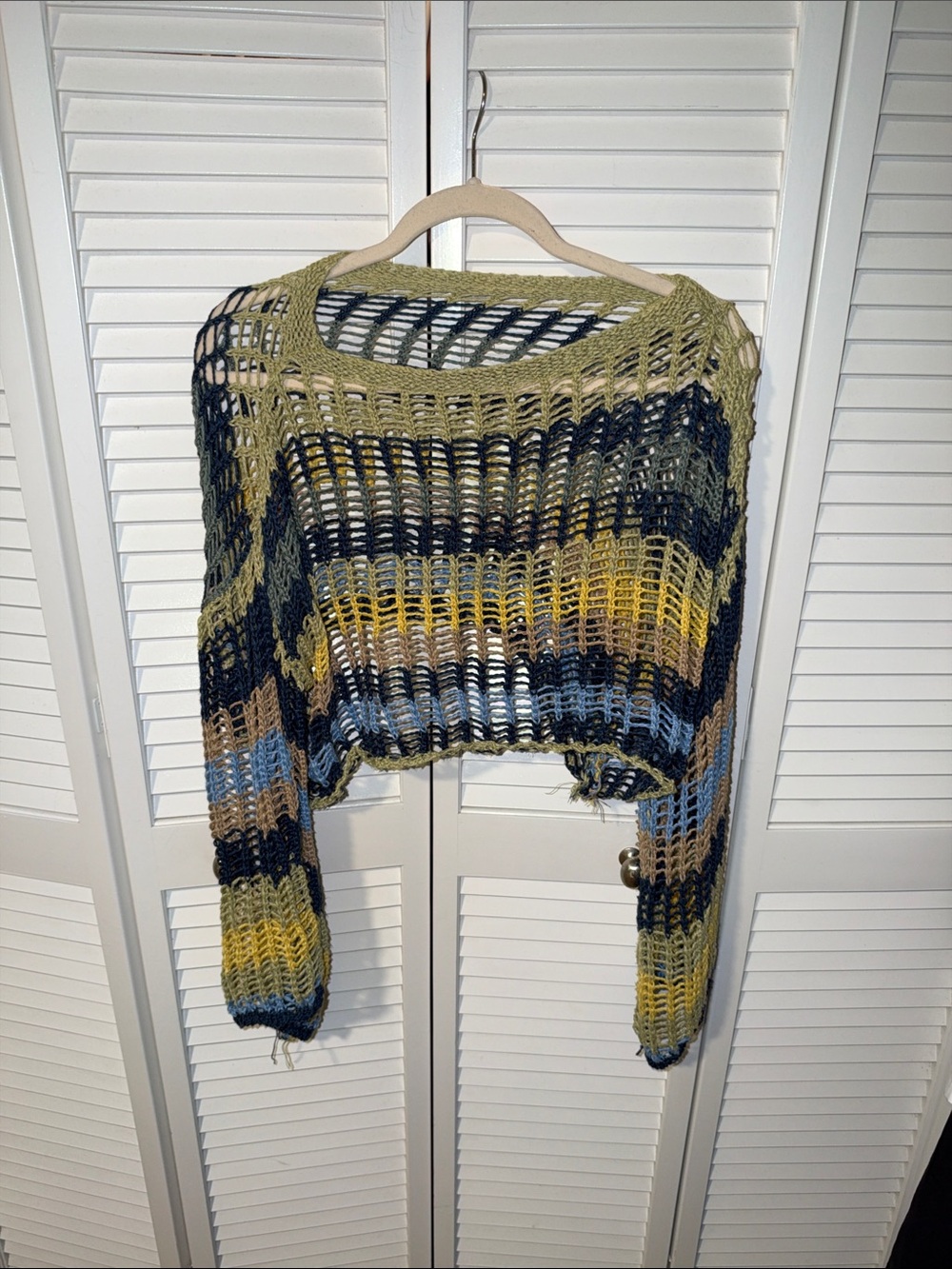 Open-Knit Striped Cropped Sweater in Olive, Navy & Mustard